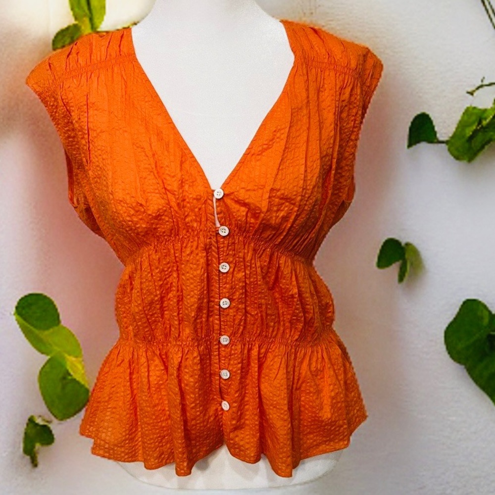 Frame EUC Ruched V Neck Sleeveless Top Blouse Orange Button Front Peplum M - Picture 3 of 12